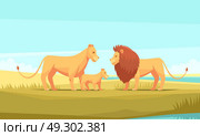 Wild Lion Family Composition. Lion farm nature background composition with doodle cartoon style great cats family and pristine wilderness scenery vector illustration. Стоковая иллюстрация, агентство Ingram Publishing / Фотобанк Лори
