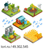 Rural Farm Landscape Elements. Farm rural buildings isometric compositions set with square segments of ranch reservation with plantations mills reservoirs vector illustration. Стоковая иллюстрация, агентство Ingram Publishing / Фотобанк Лори