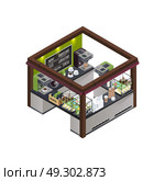 Coffee Kiosk Isometric Composition. Coffee stall outdoor concession stand isometric composition with different coffee varieties menu coffee machine and sweet cakes vector illustration. Стоковая иллюстрация, агентство Ingram Publishing / Фотобанк Лори