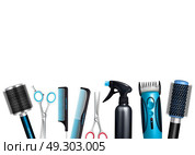 Hairdresser Tools Background. Hairdresser tools on white background including brushes and combs sprayer various scissors and trimmer vector illustration  . Стоковая иллюстрация, агентство Ingram Publishing / Фотобанк Лори