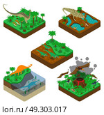 Dinosaurs Isometric Compositions. Dinosaurs isometric compositions with terrestrial flying and water reptiles land with plants erupting volcano isolated vector illustration. Стоковая иллюстрация, агентство Ingram Publishing / Фотобанк Лори