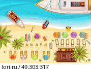 Beach Holiday Top View Illustration. Beach holiday composition top view including sunbathers on loungers bar boats and surfboards palm trees vector illustration. Стоковая иллюстрация, агентство Ingram Publishing / Фотобанк Лори