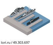 Military Boats Isometric Composition. Colored military boats isometric 3d composition with ships moored near the shore vector illustration. Стоковая иллюстрация, агентство Ingram Publishing / Фотобанк Лори