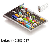 Traffic Jam Isometric Design Concept . Traffic jam isometric top view design concept with stoplight cars and trucks on multilane roadway vector illustration  . Стоковая иллюстрация, агентство Ingram Publishing / Фотобанк Лори