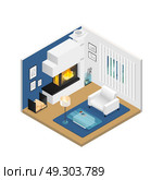 Living Room Isometric Interior With Fireplace. Living room interior with modern fireplace window blind furniture and carpet on beige floor isometric vector illustration. Стоковая иллюстрация, агентство Ingram Publishing / Фотобанк Лори