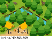Isometric Colored Hunting Composition. Isometric colored hunting composition group of hunters with tents and dogs in the forest vector illustration. Стоковая иллюстрация, агентство Ingram Publishing / Фотобанк Лори