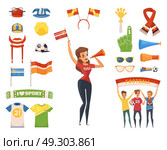 Fan Rooter Buff Icon Set. Colored and isolated fan rooter buff icon set female character accessories and equipment vector illustration. Стоковая иллюстрация, агентство Ingram Publishing / Фотобанк Лори