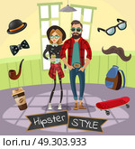 Hipsters Subculture Illustration. Subculture hipsters design in cartoon style with skateboard mustache hat bow tie coffee around people vector illustration. Стоковая иллюстрация, агентство Ingram Publishing / Фотобанк Лори