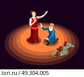 Theatre Isometric Icon. Theatre actor and actress in costumes performing at stage on black background 3d isometric icon vector illustration. Стоковое фото, агентство Ingram Publishing / Фотобанк Лори