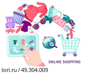 Online Shopping Touchscreen Concept. Online shopping composition with hand drawn style tablet geolocation shopping cart basket and goods for sale vector illustration. Стоковая иллюстрация, агентство Ingram Publishing / Фотобанк Лори