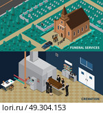 Funeral Services Isometric Banners . Funeral services isometric horizontal banners with people carrying coffin from church and cremation isolated vector illustration. Стоковая иллюстрация, агентство Ingram Publishing / Фотобанк Лори
