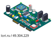 Circuit Board Isometric Concept. Semiconductor electronic circuit board isometric composition with silicon chips and cargo trucks driving on wire tracks vector illustration. Стоковая иллюстрация, агентство Ingram Publishing / Фотобанк Лори