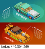Car Tuning 2 Isometric Banners Set . Car appearance and performance tuning 2 posters set with before and after vehicles images description vector illustration  . Стоковая иллюстрация, агентство Ingram Publishing / Фотобанк Лори