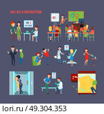 Contraception Icon Set. Colored flat contraception icon set with child in school and their informing and safe sex description vector illustration. Стоковая иллюстрация, агентство Ingram Publishing / Фотобанк Лори