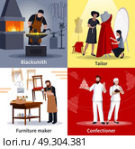 Craftspeople Concept 4 Flat Icons Square . Craftspeople at work 4 flat icons square composition poster with tailor blacksmith furniture maker isolated vector illustration . Стоковая иллюстрация, агентство Ingram Publishing / Фотобанк Лори