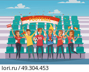 Fan Rooter Composition. Colored fan rooter buff composition with people who standing in front of the football field bleachers vector illustration. Стоковая иллюстрация, агентство Ingram Publishing / Фотобанк Лори