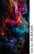Abstract swirls of vibrant liquid colors against a stark black backdrop, creating a visually striking and dynamic composition. Стоковое AI-изображение, AI-художник Данила Большаков / Фотобанк Лори