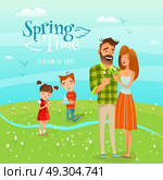 Family And Season Spring Illustration. Happy family walking along blooming field and gathering snowdrops cartoon vector illustration. Стоковая иллюстрация, агентство Ingram Publishing / Фотобанк Лори