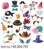 Photo Booth Party Icons Set . Collection of isolated cartoon icons with props for masquerade so as mask monocle bowler cylinder nose moustache vector illustration. Стоковая иллюстрация, агентство Ingram Publishing / Фотобанк Лори