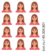 Female Go-to Faces Set. Female avatar expressions set with isolated woman images of sorrow anger happiness satisfaction surprise joy amazement vector illustration. Стоковая иллюстрация, агентство Ingram Publishing / Фотобанк Лори