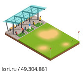Golf Training Isometric Composition. Golf training isometric composition with instructor and players swinging putter under canopy vector illustration. Стоковая иллюстрация, агентство Ingram Publishing / Фотобанк Лори