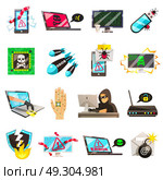 Computer Criminal Icons Collection. Hacker set of isolated conceptual images of computer viruses wire fraud password breaking and cyberterrorism pictograms vector illustration. Стоковая иллюстрация, агентство Ingram Publishing / Фотобанк Лори