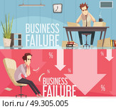 Business Failure 2 Retro Cartoon Posters . Business failure 2 retro cartoon banners with frustrated businessman sitting in red arrows down isolated vector illustration . Стоковая иллюстрация, агентство Ingram Publishing / Фотобанк Лори