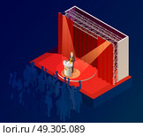 Music Award Winner Announcement Isometric Poster. Music award ceremony isometric dark blue background poster with  winner onstage speech in red spotlights vector illustration. Стоковая иллюстрация, агентство Ingram Publishing / Фотобанк Лори
