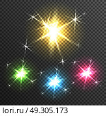 Starburst Light Effect Transparent Image . Starburst diffuse glow light effects of 4 colorful stars on black transparen background poster realistic vector illustration . Стоковая иллюстрация, агентство Ingram Publishing / Фотобанк Лори