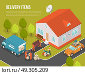 Delivery Moving New Settler Illustration. Colored isometric delivery moving new settler illustration with truck near house and loaders hired to move vector illustration. Стоковая иллюстрация, агентство Ingram Publishing / Фотобанк Лори