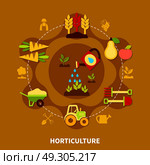 Horticulture Icons Circle Composition. Agriculture round composition of flat farming and gardening equipment agrimotor barrow symbols connected with dashed line vector illustration. Стоковая иллюстрация, агентство Ingram Publishing / Фотобанк Лори