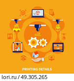 Details For 3d Printer On Orange Background . Printing details on orange background design concept with decorative icons showing equipment and different nozzles for 3d printer flat vector illustration. Стоковая иллюстрация, агентство Ingram Publishing / Фотобанк Лори