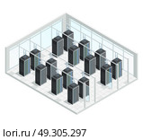 Datacenter Server Room Interior. Datacenter server cloud computing isometric interior composition with group of server racks filled with network connected hardware vector illustration. Стоковая иллюстрация, агентство Ingram Publishing / Фотобанк Лори