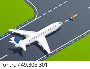 Airport Isometric Illustration. Plane on takeoff strip and airport employee 3d isometric vector illustration. Стоковая иллюстрация, агентство Ingram Publishing / Фотобанк Лори