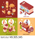 Honey Production 4 Isometric Icons . Bee keeping honey production and sale 4 isometric icons concept with beehives and market isolated vector illustration . Стоковая иллюстрация, агентство Ingram Publishing / Фотобанк Лори