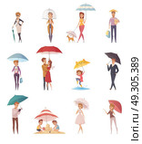 People Standing Under Umbrella. Adults people and children standing under umbrella of different shape and size decorative icons set  flat vector illustration. Стоковая иллюстрация, агентство Ingram Publishing / Фотобанк Лори