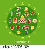 Firefighting Flat Concept. Flat design concept with various firefighting icons on green background vector illustration. Стоковая иллюстрация, агентство Ingram Publishing / Фотобанк Лори