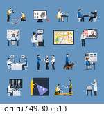 Crime Investigation Flat Icons Set. Set of flat icons with crime investigation dna analysis fingerprint examination trace evidence interrogation isolated vector illustration. Стоковая иллюстрация, агентство Ingram Publishing / Фотобанк Лори