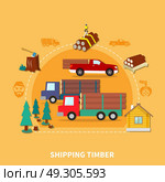 Lumberjack Colored Composition. Lumberjack colored and flat composition with shipping timber description and steps from deforestation to production vector illustration. Стоковая иллюстрация, агентство Ingram Publishing / Фотобанк Лори