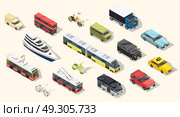 Public Transport Vehicles Collection. Transport isometric set of isolated urban transportation vehicles tramway cars trolley buses and two-wheel transport with shadows vector illustration. Стоковая иллюстрация, агентство Ingram Publishing / Фотобанк Лори