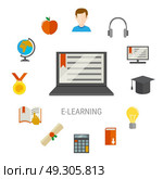 Elearning Flat Composition. Elearning flat composition with laptop at the center and study things icon set combined in big round vector illustration. Стоковая иллюстрация, агентство Ingram Publishing / Фотобанк Лори