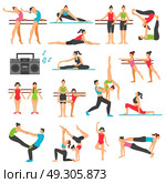 Dance Training Decorative Icons Set. Dance training decorative icons set with girls in various poses stretching acrobatics music system isolated vector illustration. Стоковая иллюстрация, агентство Ingram Publishing / Фотобанк Лори