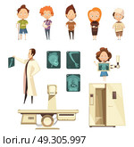Bone Injury X-ray Cartoon Icons Collection. Bones fracture and injuries x-ray radiology diagnostics facilities patients doctor cartoon icons collection isolated vector illustration. Стоковая иллюстрация, агентство Ingram Publishing / Фотобанк Лори