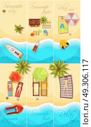 Summer Holiday Posters Set. Summer holiday set of posters top view with coast, boats, palm trees, beach elements isolated vector illustration. Стоковая иллюстрация, агентство Ingram Publishing / Фотобанк Лори