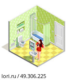Bathroom Tinker Isometric Composition. Hygiene icons isometric composition with realistic bathroom interior sanitary fitments and female character drying her hair vector illustration. Стоковая иллюстрация, агентство Ingram Publishing / Фотобанк Лори