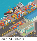 Freight Barge Harbor Wharf Isometric. Freight barge moored at harbor wharf quayside pier loading with colorful cargo containers isometric composition vector illustration . Стоковая иллюстрация, агентство Ingram Publishing / Фотобанк Лори
