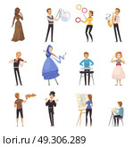 Street Artists Isolated Cartoon Icons. Street artists isolated cartoon icons with mime busker juggler painter musician illusionist colored figurines flat vector illustration  . Стоковая иллюстрация, агентство Ingram Publishing / Фотобанк Лори