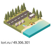 Camp Isometric Design. Camp isometric design with road tents and van bonfire near lake picnic blanket under umbrella vector illustration. Стоковая иллюстрация, агентство Ingram Publishing / Фотобанк Лори