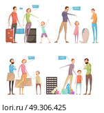 Abusing Children Situations Set. Adults abuse children conceptual compositions set with parents and kids characters having quarrel with speech bubbles vector illustration. Стоковая иллюстрация, агентство Ingram Publishing / Фотобанк Лори