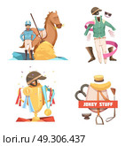Horse Riding Retro Cartoon Compositions. Horse riding retro cartoon 2x2 design compositions with jockey stuff and champion cup flat vector illustration. Стоковая иллюстрация, агентство Ingram Publishing / Фотобанк Лори